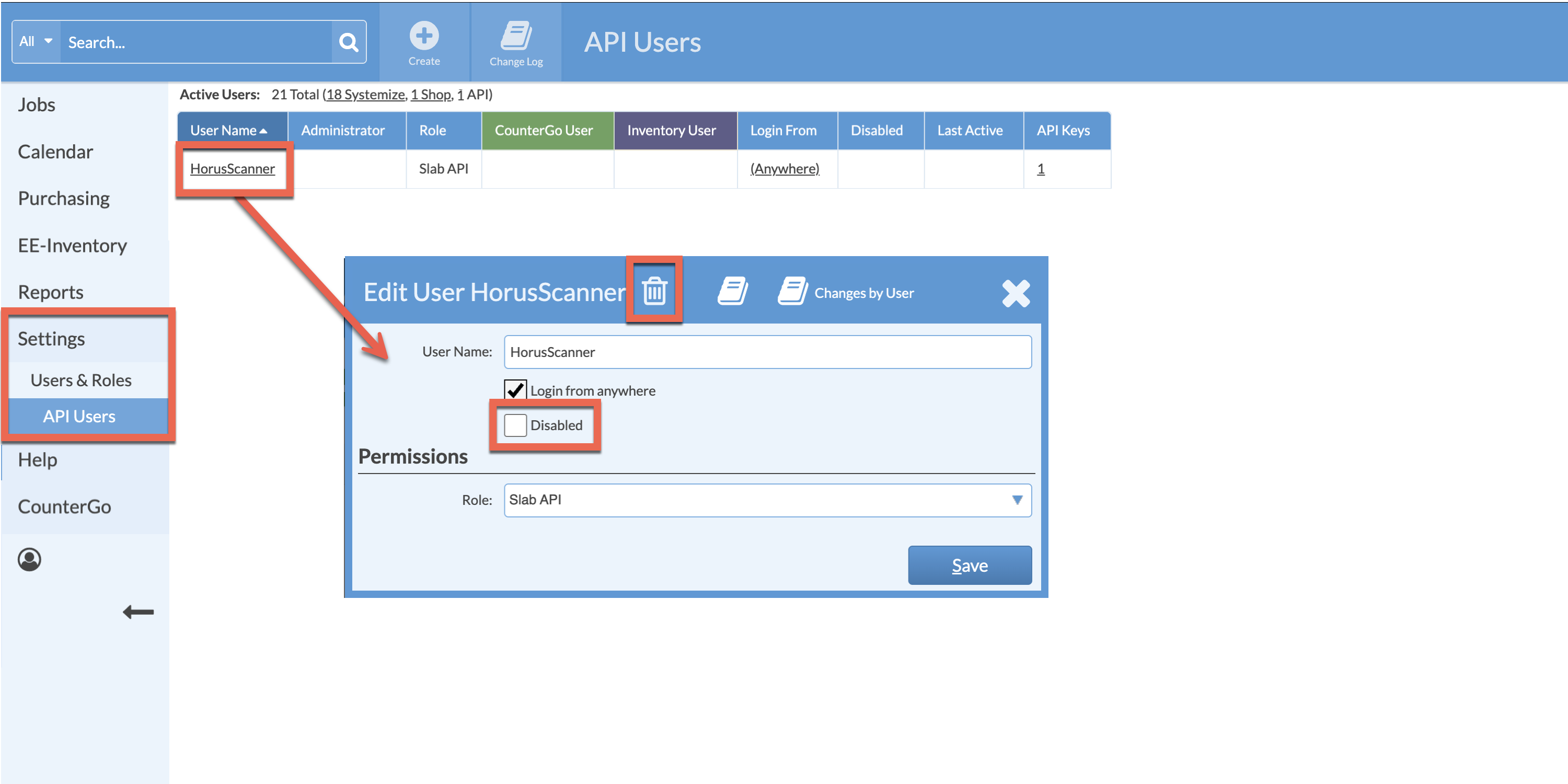 Disable or delete an API User in Legacy Inventory