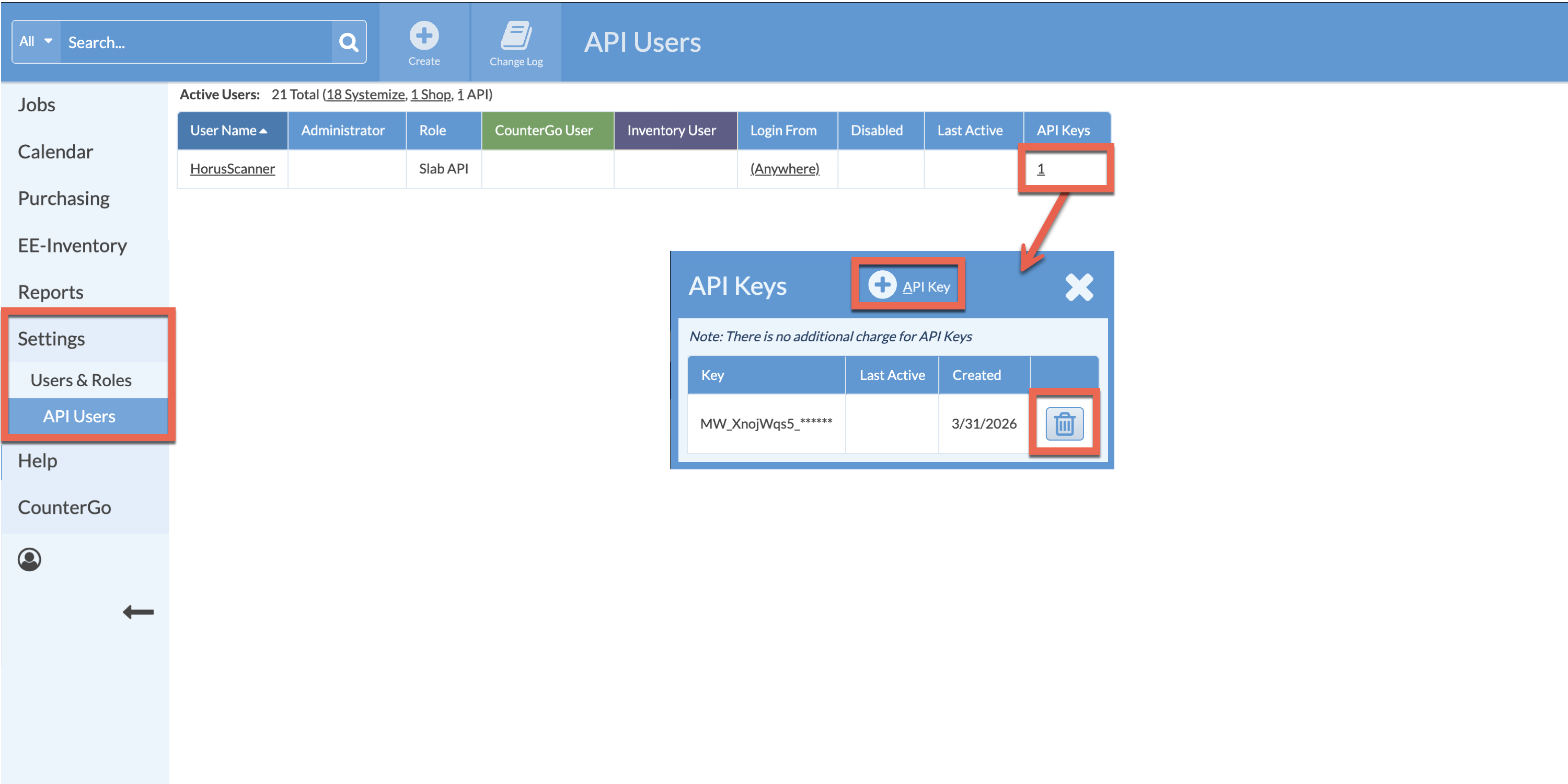 create or delete API Keys in Legacy Inventory