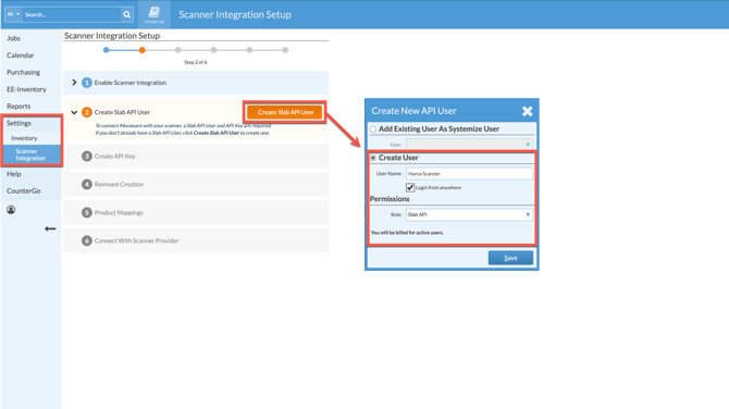 create an api user for slab scanner integration in legacy inventory