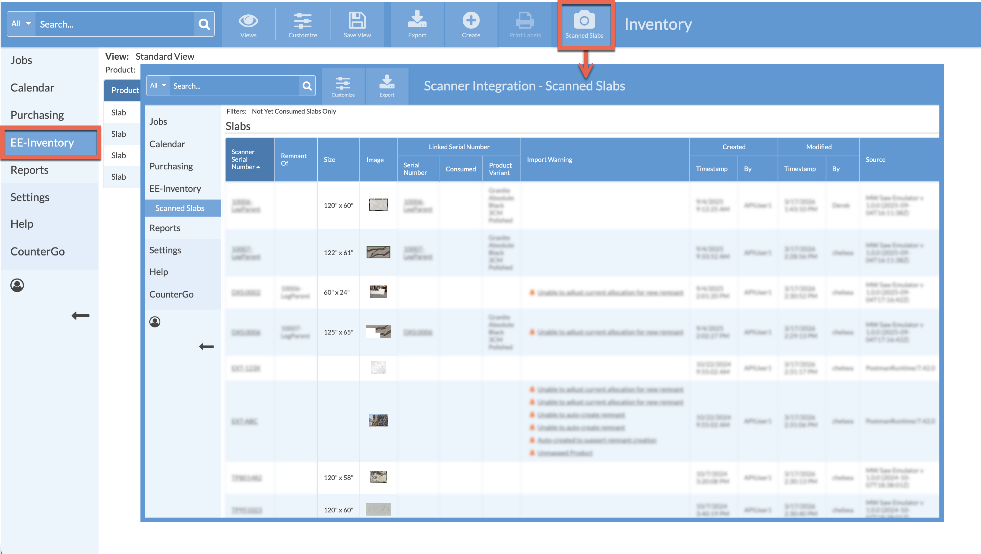 view scanned slabs in legacy inventory