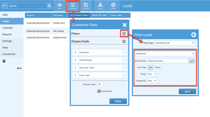filter settings to show lead activities missing scheduled dates