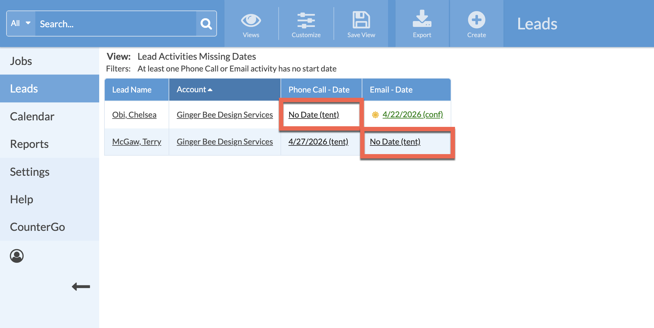 Filtered lead view showing activities without dates