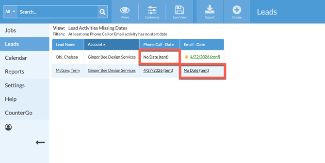 Filtered lead view showing activities without dates