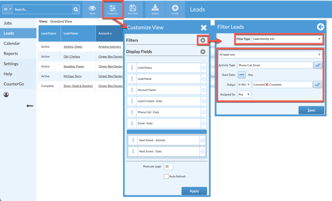 filter a leads View in systemize to show activity follow up dates