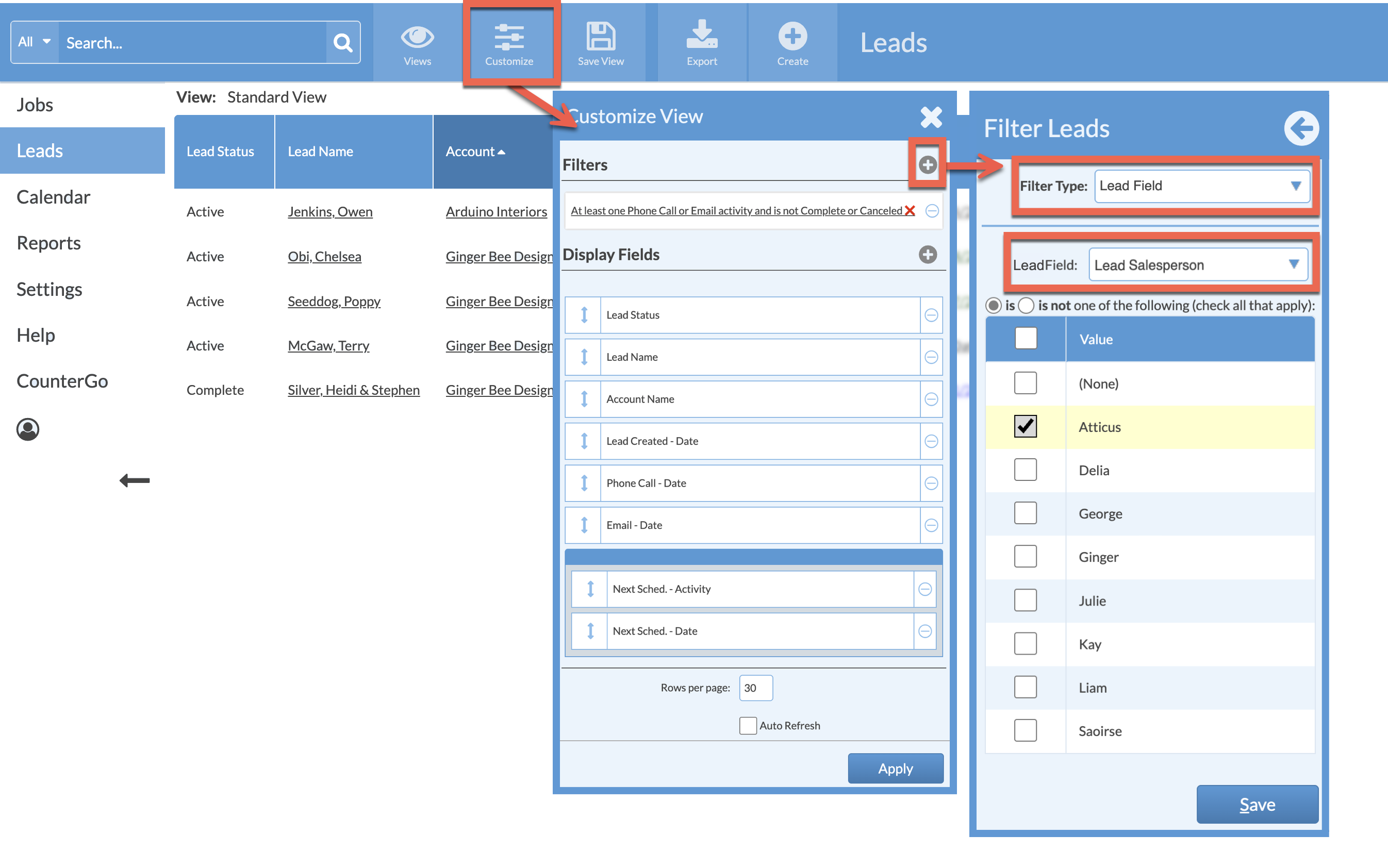 filter systemize leads by lead salesperson