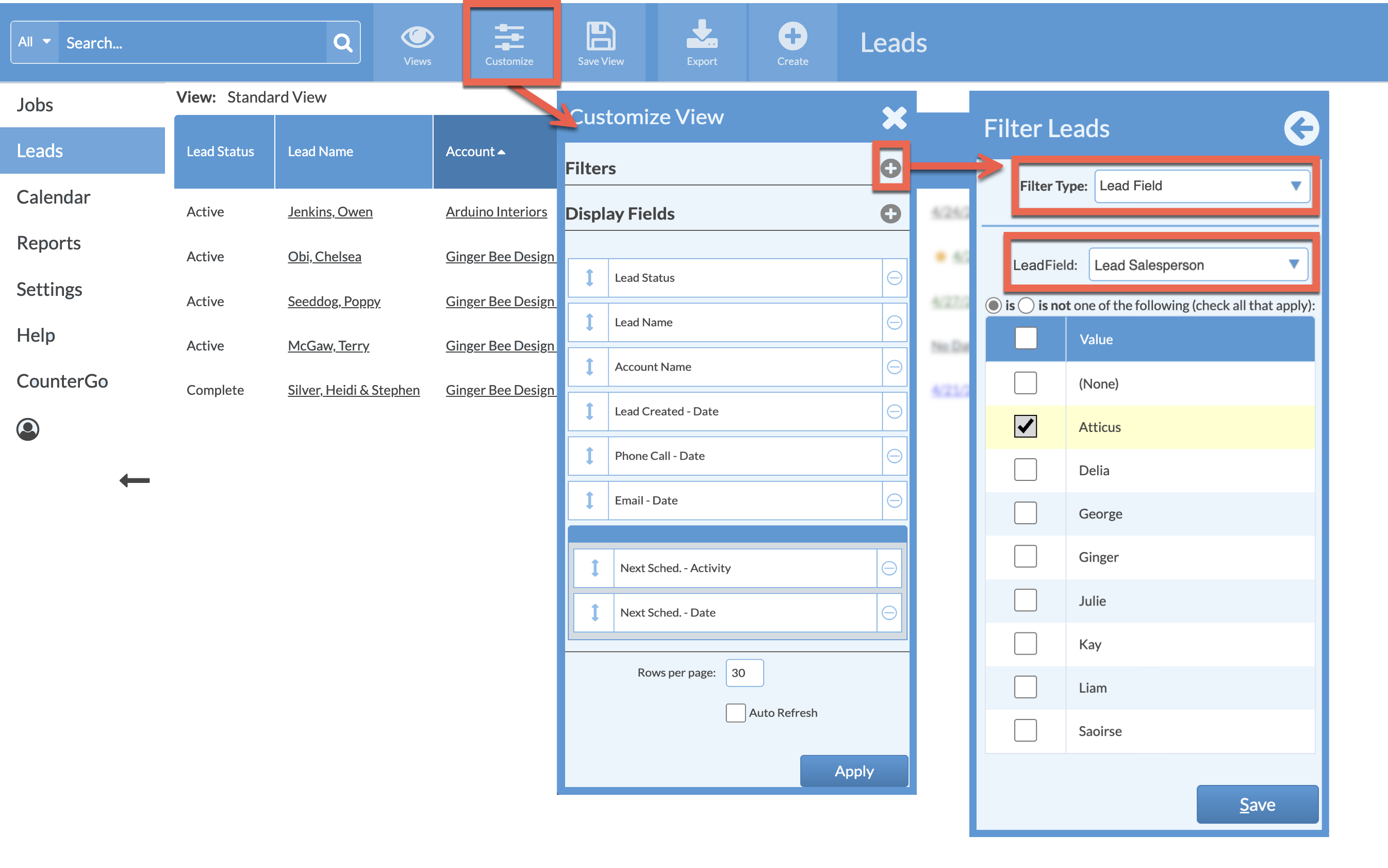 filter a lead view by lead salesperson