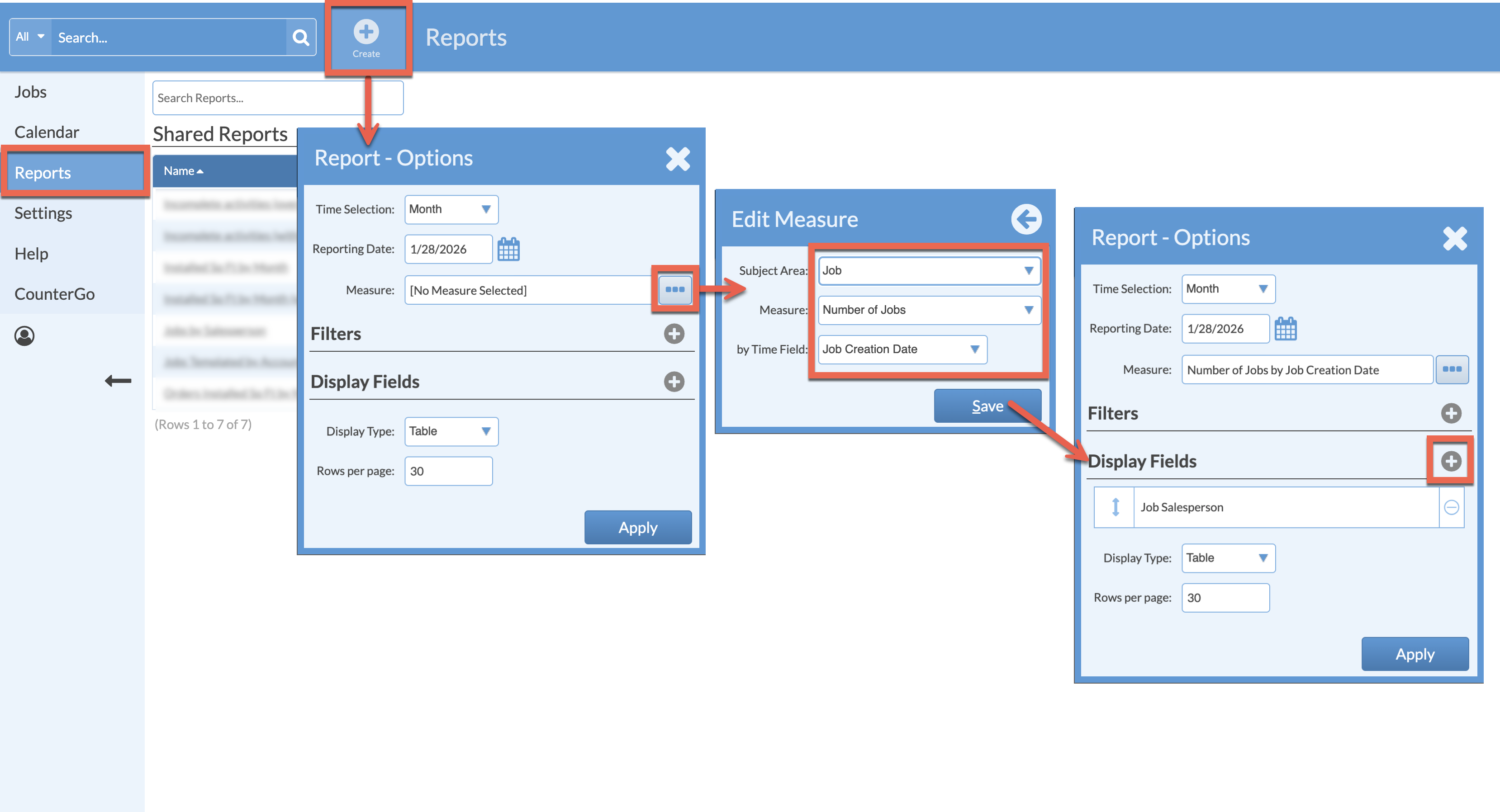 report showing jobs created by salesperson