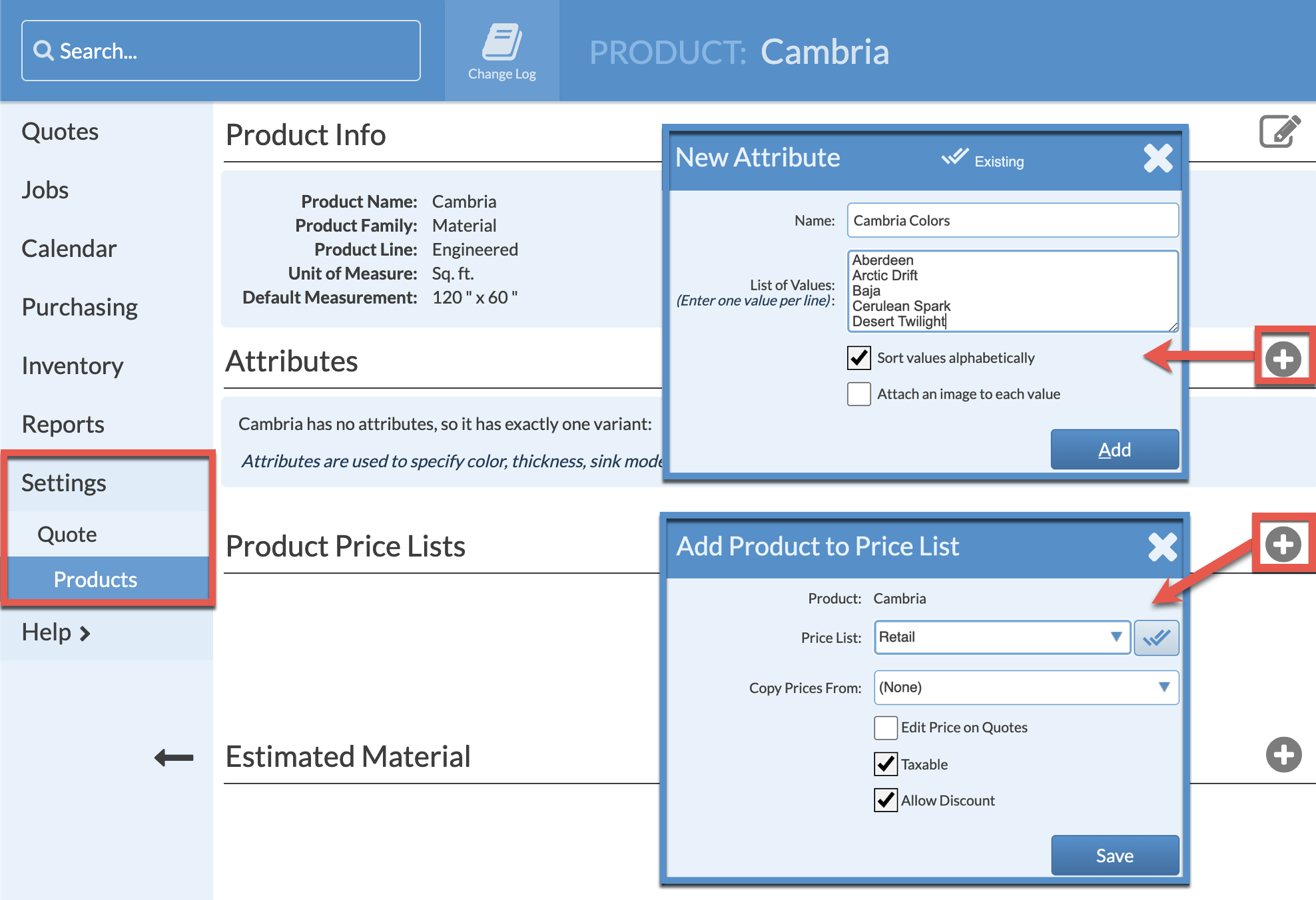 add product price list and attributes to a product