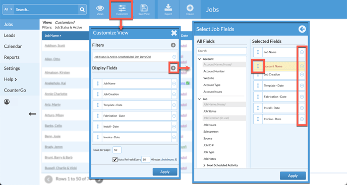 reorder display fields in a job view or remove display fields