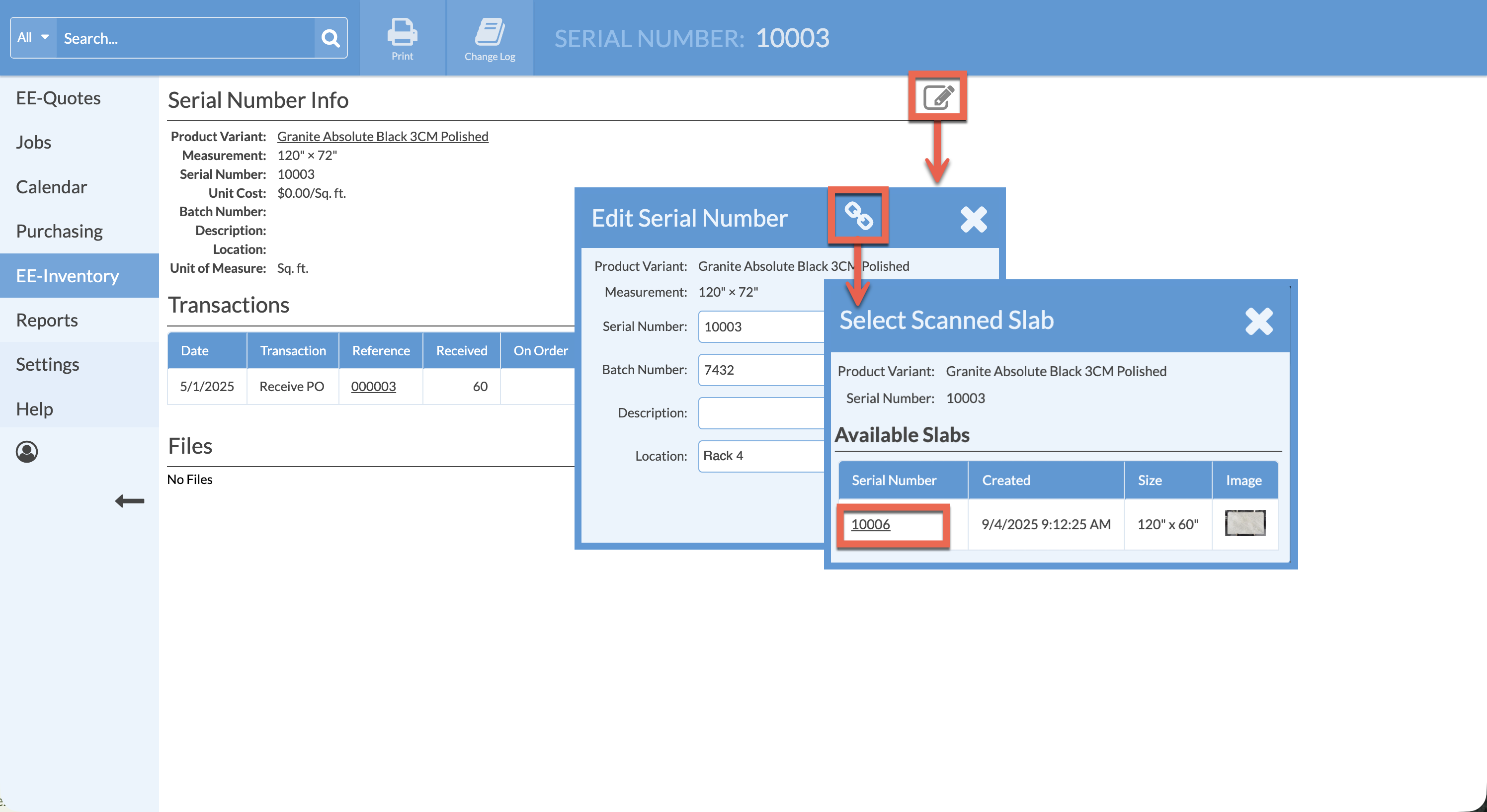 manually link a slab scanned with an integrated slab scanner in legacy inventory