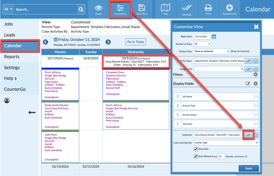 Add Order Area subtotals to a Calendar View