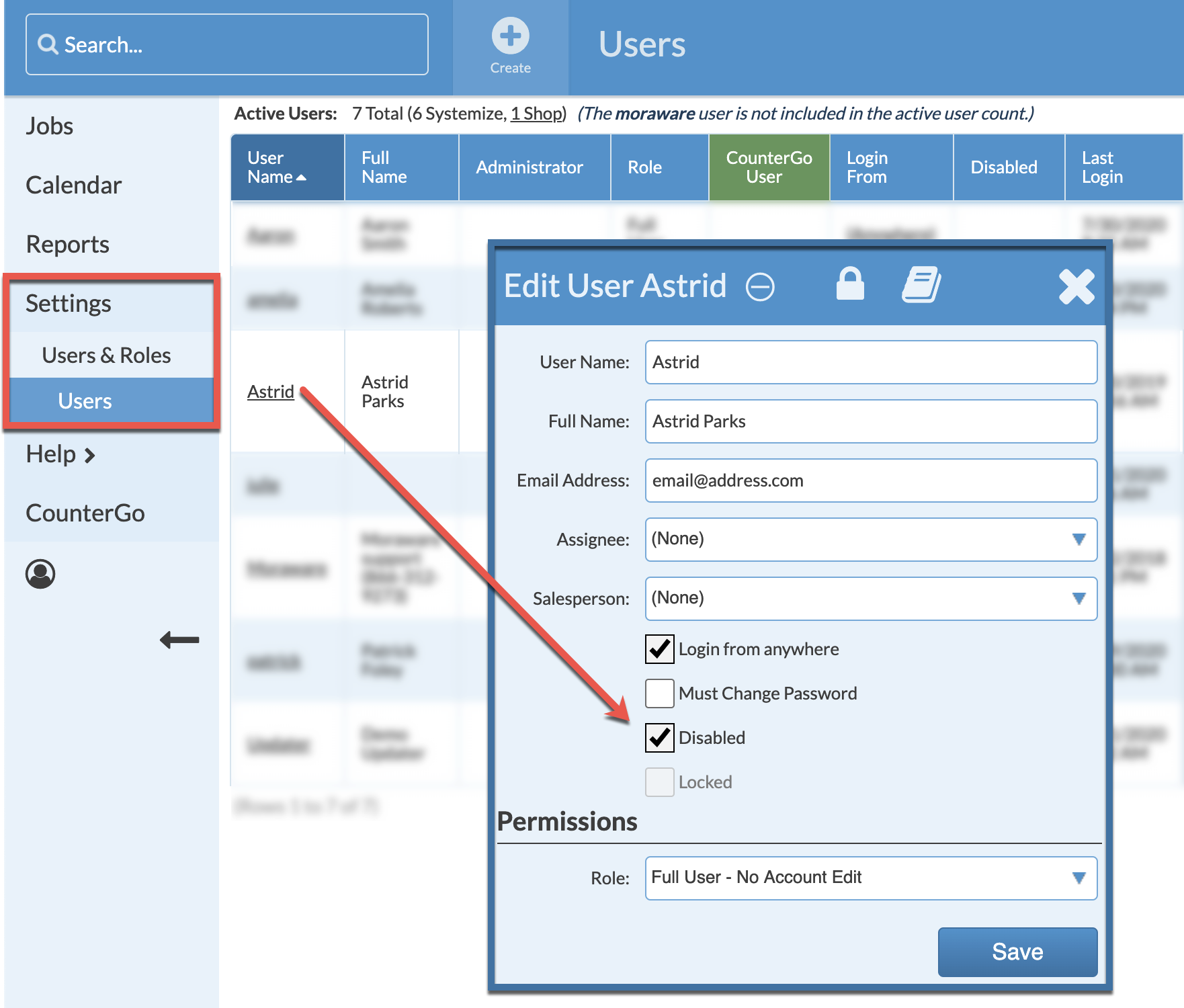 Inactivate (disable) a Systemize user
